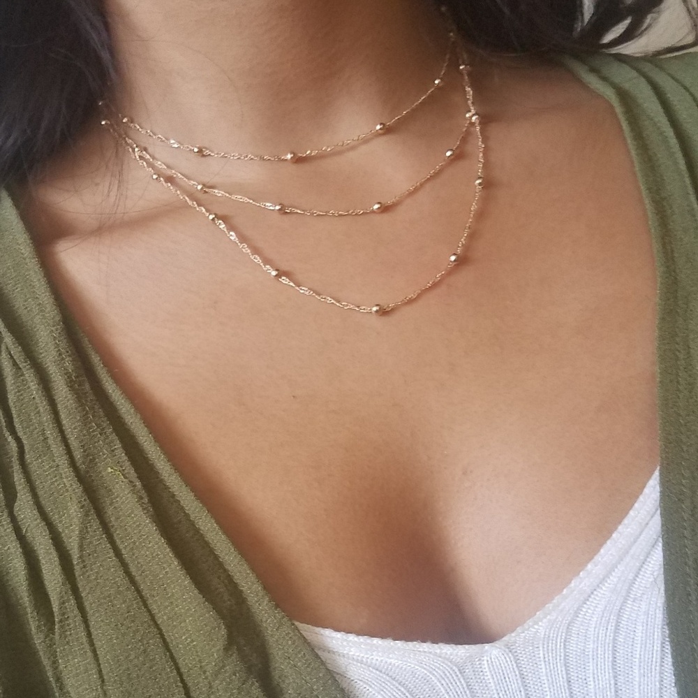 THREE LAYER GOLD BEAD CHAIN NECKLACE AND EARRINGS - Picture 1 of 5